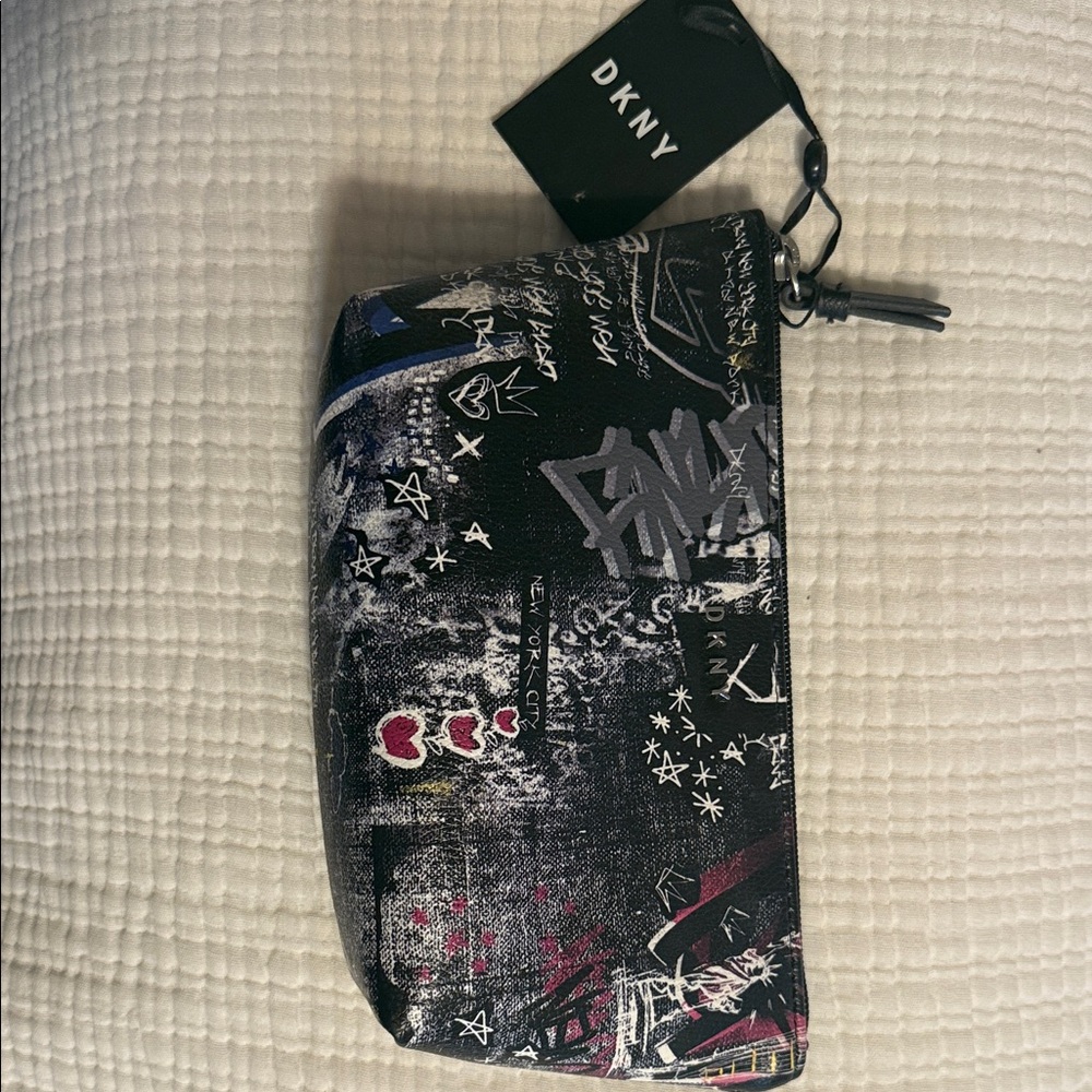 DKNY Black Graffiti-Print Cosmetic Pouch with Multicolor Accents